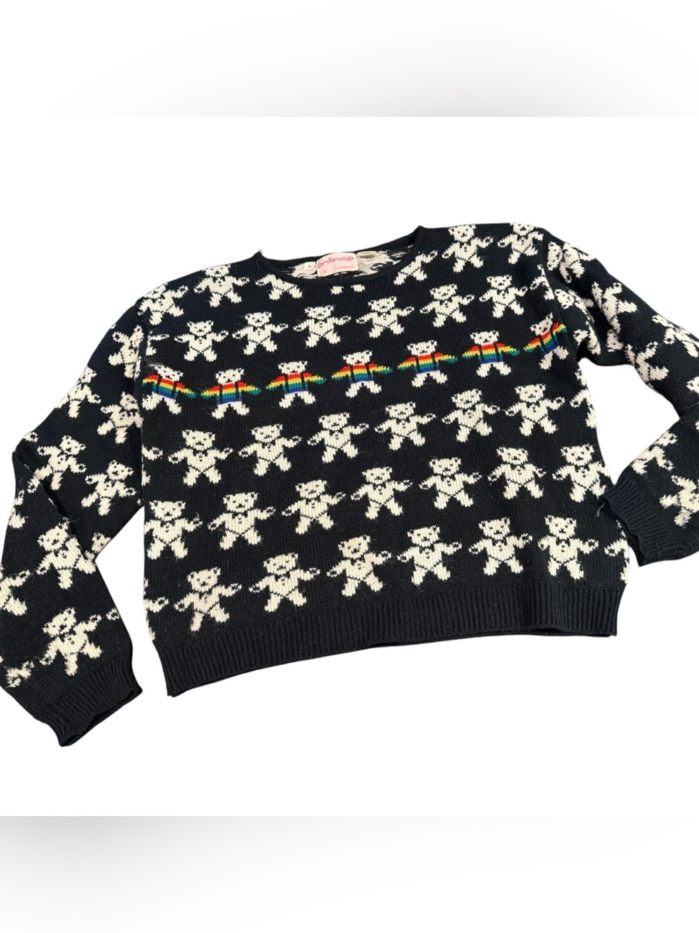 Vintage 80s Eclipse Rainbow Teddy Bear Knit Sweater M Kidcore Grateful Dead Vibe